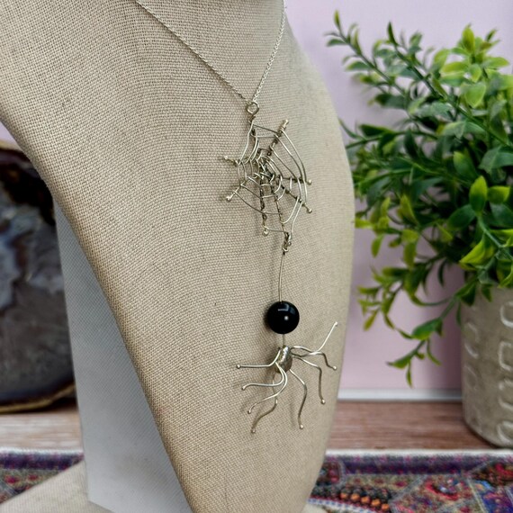 Artisan Made Sterling Silver and Onyx Spider with Spider Web Pendant - Chain Included - Halloween - Goth View 3