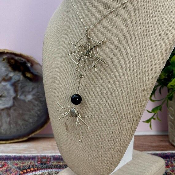 Artisan Made Sterling Silver and Onyx Spider with Spider Web Pendant - Chain Included - Halloween - Goth View 5