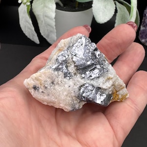 May include: A raw, natural, silver-grey galena crystal cluster embedded in a white quartz matrix. The galena crystals have a metallic sheen and are arranged in a jagged, irregular pattern.