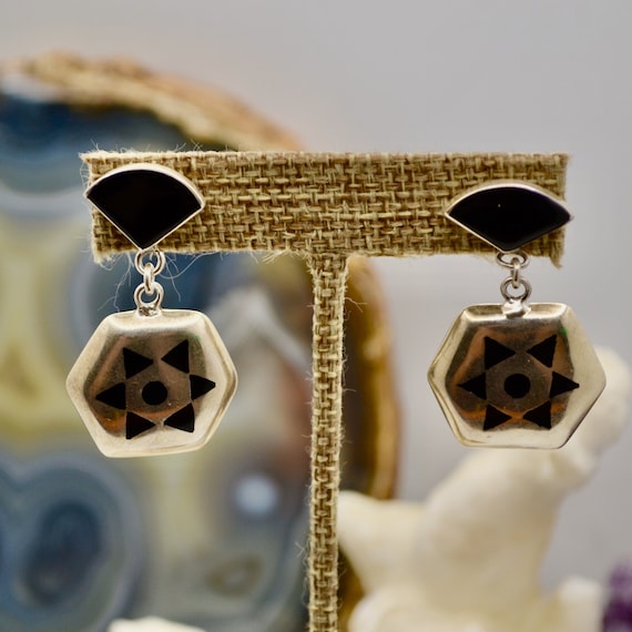 Vintage Taxco .925 Sterling and Onyx drop earring… - image 1