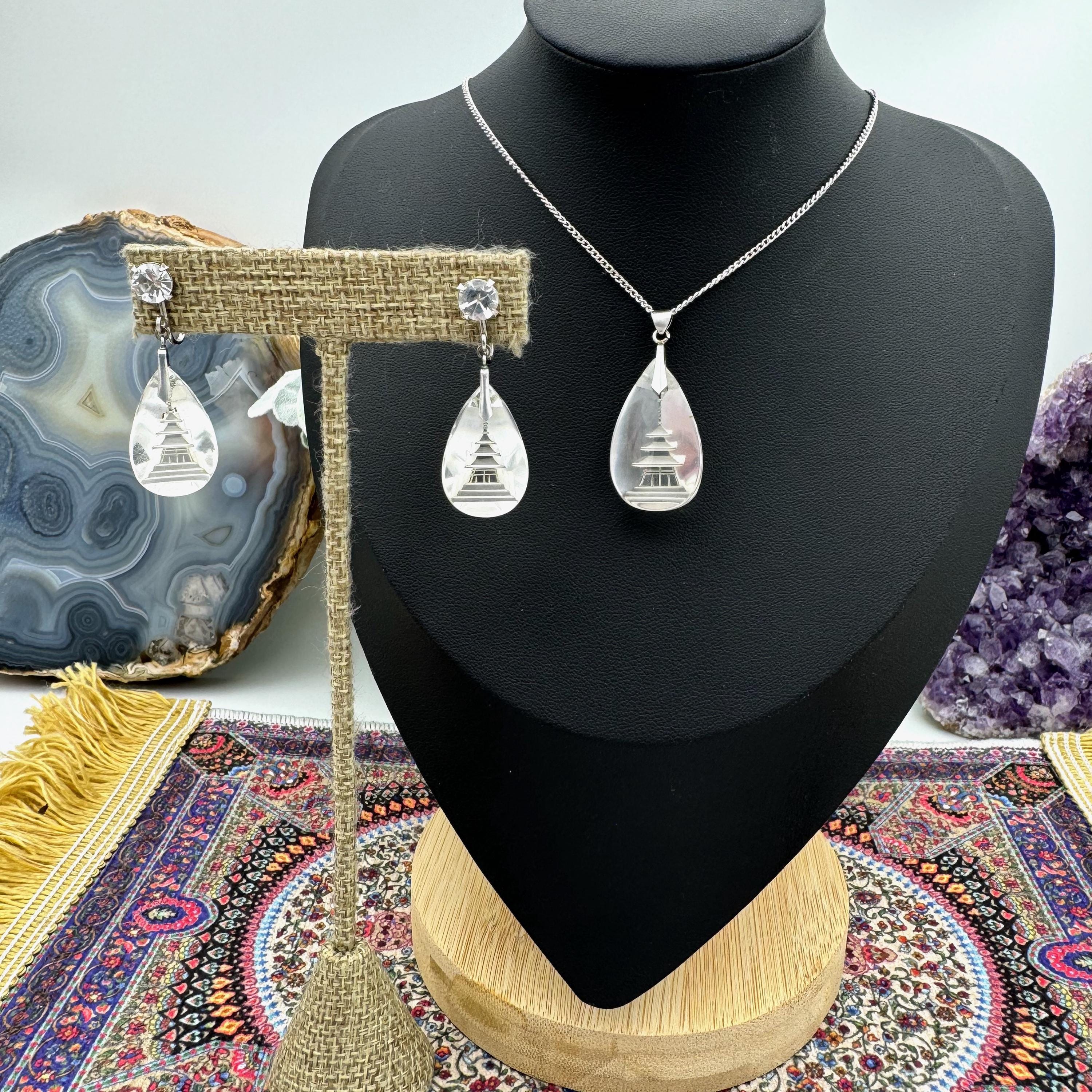 Vintage Japanese Pagoda Reverse Carved Rock Crystal Earring and Pendant Set in Sterling Silver