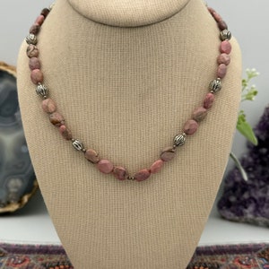 Vintage Rhodonite Stone and Sterling Silver Bead Necklace - Artisan Design!