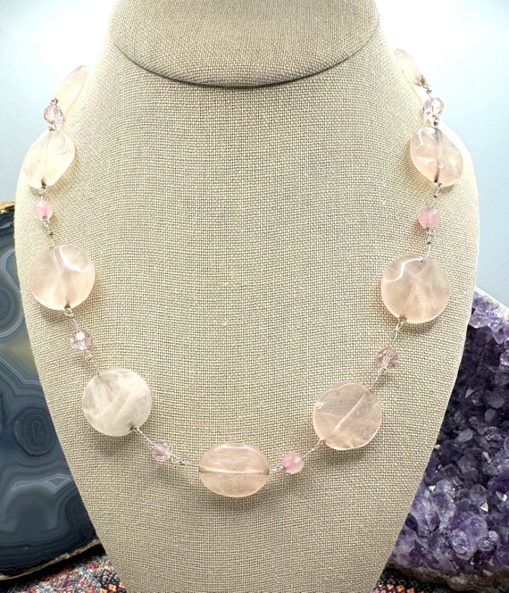 925 Sterling Carved Rose Quartz Station Necklace