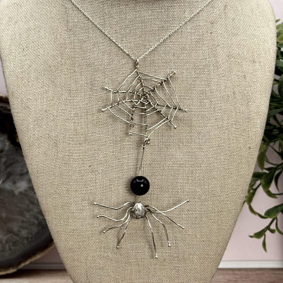 Artisan Made Sterling Silver and Onyx Spider with Spider Web Pendant - Chain Included - Halloween - Goth