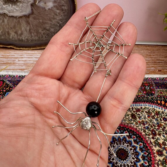 Artisan Made Sterling Silver and Onyx Spider with Spider Web Pendant - Chain Included - Halloween - Goth View 6