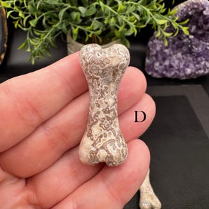 Puede incluir: Una peque&ntilde;a talla de piedra con forma de hueso que presenta un patr&oacute;n complejo y moteado en tonos crema, beige y marr&oacute;n. La superficie muestra una textura natural e intrincada con formas org&aacute;nicas arremolinadas. La letra D est&aacute; impresa al lado.