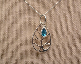 Vintage Sterling Open Leaf Design Pendant with Blue Stone (Topaz?) and Chain - Cute!