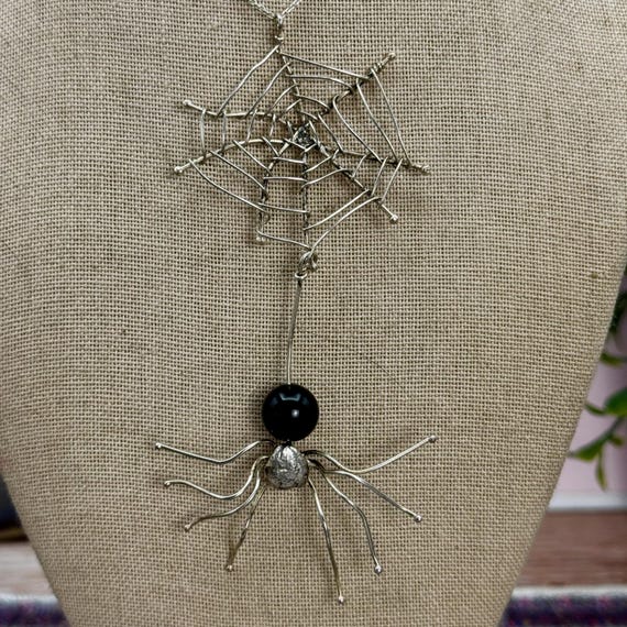 Artisan Made Sterling Silver and Onyx Spider with Spider Web Pendant - Chain Included - Halloween - Goth View 4