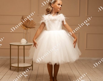 Wedding girl dress, Flower girl dress Tulle, Ivory dress, Satin flower dress, Birthday girl dress, First Communion dress, Dress.