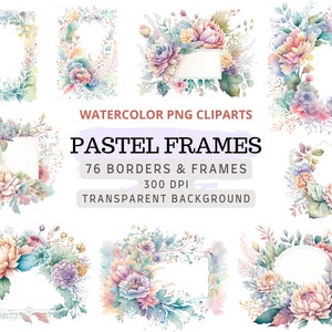 76 Pastel Frames PNG, Watercolor Pastel Floral Cliparts, Pastel Borders, Invitations, Elements, Commercial Use, Digital Clipart PNG