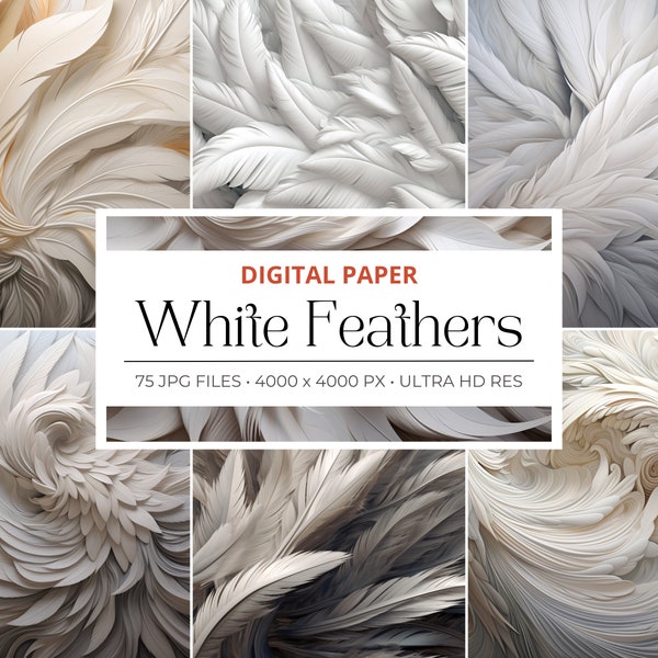 75 White Feather Digital Paper, Feathers Digital Paper, Commercial Use, Digital Paper