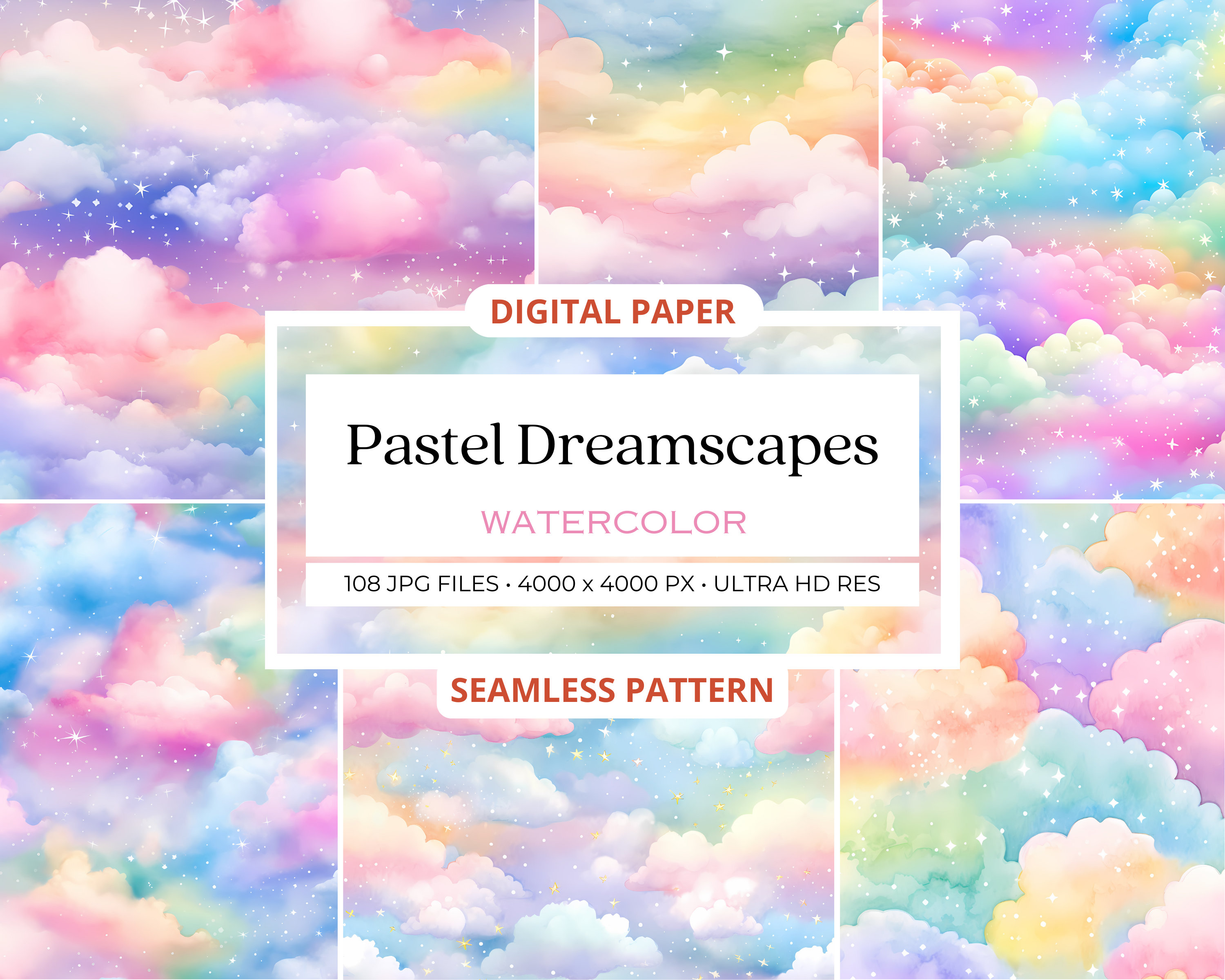 108 Pastel Dreamscapes Seamless Patterns,  Digital Paper, Sublimation Designs, Clouds, Sky, Rainbows, Magical, Unicorn, Backgrounds, Pastel