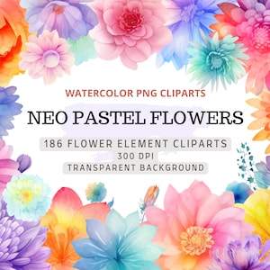 186 Neon Pastell Blumen PNG, Aquarell Neon Pastell Blumen Cliparts, Elemente, kommerzielle Nutzung, digitale Clipart PNG