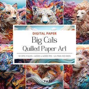 51 Big Cats Lion Tiger Jaguar Cheetah Panther Animal Paper Quill Digital Paper, Paper Quill, Junk Journal Paper, Commercial Use, Background