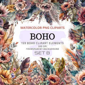 Boho Flowers PNG, Watercolor Floral Clipart Bouquets, Elements, Commercial Use, Digital Clipart PNG Set B