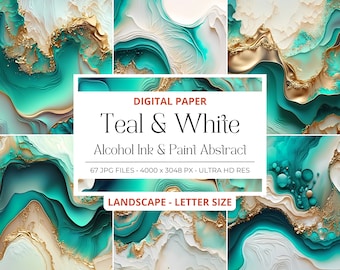 67 Teal White and Gold Abstract Backgrounds, Alcohol Ink Art, Abstract Background, Invitation Paper, Commercial Use, Digital Paper