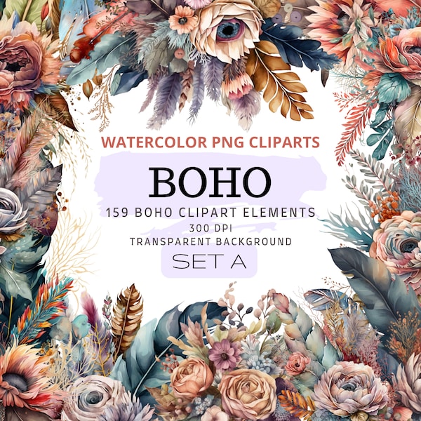 Boho Flowers PNG, Watercolor Floral Clipart Bouquets, Elements, Commercial Use, Digital Clipart PNG