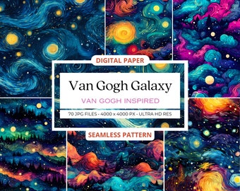 70 Van Gogh Galaxy Star Digital Paper, Seamless Pattern, Sky Pattern, Moon Clipart, Night paper, Watercolor Digital Paper, Commercial Use