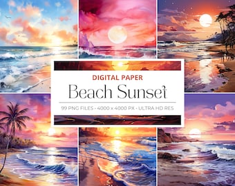99 Watercolor Beach Sunsets Background, Watercolor Sunset Background, Commercial Use Sea SunsetCommercial Use, Digital paper