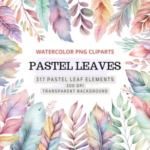 317 feuilles pastel PNG, aquarelle Pastel feuilles et plumes Clipart, plumes Pastel, éléments, usage Commercial, Digital Clipart PNG