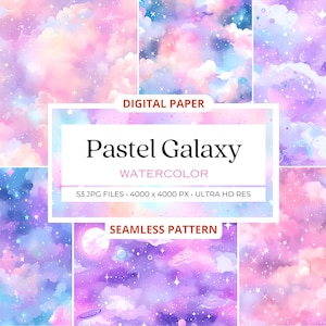 53 diseños de patrones sin costuras de galaxia pastel de acuarela, repetición digital, paquete de papel digital, álbum de recortes, imágenes prediseñadas de galaxia, fondos de galaxia