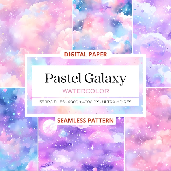53 Watercolor Pastel Galaxy Seamless Pattern Designs, Digital Repeat, Digital Paper Pack, Scrapbook, Galaxy Clipart, Galaxy Backgrounds