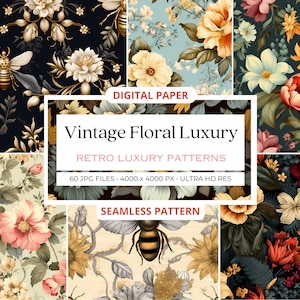60 Vintage Floral Wallpaper, Decorative Antique Paper, Seamless Pattern, Retro Flowers, Commercial Use, Repeat Design, Download Printable