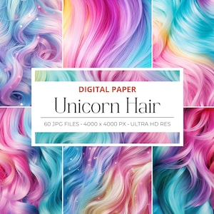60 Unicorn Rainbow Hair, Rainbow Pastel, Blurry Background, Shimmer Lights, Commercial, Scrapbook Printable, Fantasy Cliparts, Digital Paper