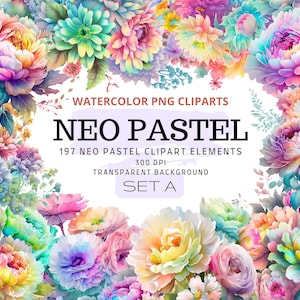 197 Neon Pastel bloemen PNG, aquarel bloemen clipart boeketten, elementen, commercieel gebruik, digitale clipart PNG