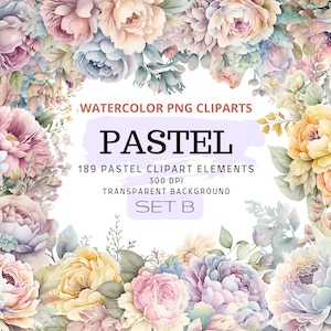 189 Flores Pastel PNG, Buquês de Clipart Floral Aquarela, Elementos, Uso Comercial, Clipart Digital PNG