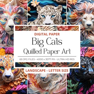 69 Big Cats Lion Tigre Jaguar Guépard Panthère Animal Paper Quill Digital Paper, Paper Quill, Junk Journal Paper, Commercial Use, Background