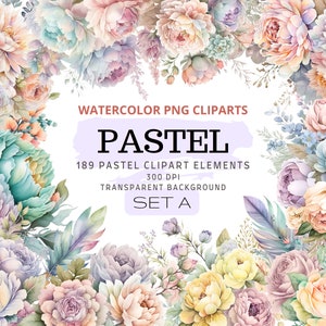 189 pastel bloemen PNG, aquarel bloemen clipart boeketten, elementen, commercieel gebruik, digitale clipart PNG