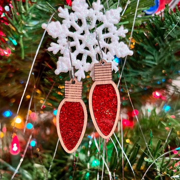 Wooden Christmas Bulb with Acrylic Inlay Earrings