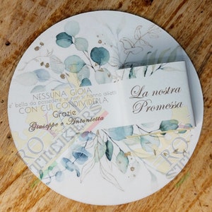Cioccolatino su segnaposto tondo con frase personalizzata pezzi 8 party decorazione sweet table regalo cadeau festa promessa di matrimonio
