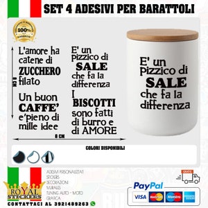 set 4 adesivi x barattoli sale, zucchero, caffe' contenitori cucina con frasi