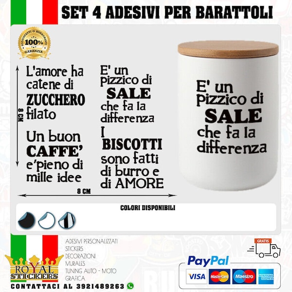 set 4 adesivi x barattoli sale, zucchero, caffe' contenitori cucina con frasi