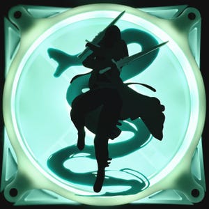May include: A computer fan with a teal glow, featuring a black silhouette of a figure holding two swords, set against a stylized serpent. The fan has a square frame with rounded corners, and the overall design has a futuristic aesthetic.
