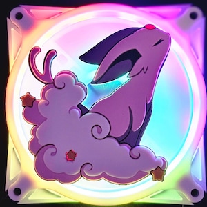 May include: A computer fan with a colorful LED light display. The fan features a cartoon-style illustration of a purple rabbit with a cloud and stars. The fan's frame is white, and the overall design is vibrant and eye-catching.