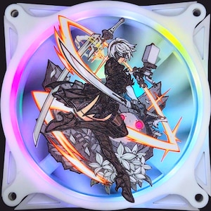 May include: A white computer fan with a colorful LED ring. The fan features a detailed illustration of a character with a sword and hammer, set against a backdrop of swords and a floral design. The artwork is surrounded by a rainbow-colored light.