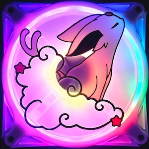 May include: A computer fan with a colorful LED light display. The fan features a cartoon illustration of a rabbit looking up, with a cloud and stars. The fan's frame is white and the light display has a rainbow gradient.