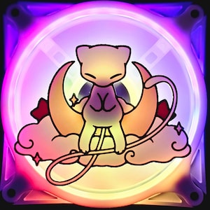 May include: A computer fan featuring a cartoon illustration of a light-coloured creature with a long tail, sitting on a crescent moon and clouds. The fan has a pink and purple glowing light around the edges.