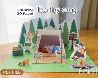 May include: A 3D paper craft scene titled "The tiny camp" with a camping theme. The scene includes a tent, campfire, and figures of people and a dog. The words "Coloring 3D Paper" and "PDF FILE" are also visible.