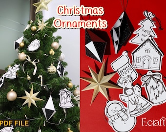 May include: A collection of printable Christmas ornaments. The ornaments are black and white and feature designs such as a snowman, a stocking, a bell, a star, a house, and a Christmas tree. The text "Happy New Year" and "Make a Wish" are included on some of the ornaments. The ornaments are on a red background with a Christmas tree in the background.