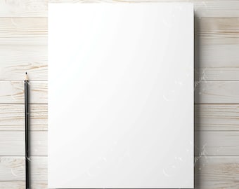 May include: A blank white sheet of paper on a light wood surface with a black pencil to the left of the paper.