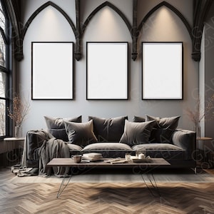 3 Frame Gothic Style Black Mockup, Gothic Styylish Digital Mockup, Framed Art Display, Simple Vertical Frame Template JPG PSD Smart Object
