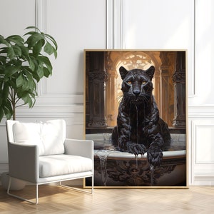 Puma_bathing_in_a_gothic_Victorian Tropical Bathroom, Tropical Safari Concept Poster Stylish Wall Decor Giclee Print