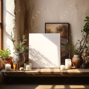 May include: A blank white canvas on a wooden shelf, with candles, potted plants, and a framed painting. The scene is lit by natural light, creating a warm atmosphere. The composition suggests a focus on art and home decor, with a rustic aesthetic.