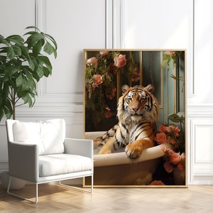 Romantic Tiger_bathing_in_a_gothic_Victorian Tropical Floral Bathroom, Tropical Safari Concept Poster Stylish Wall Decor Giclee Print