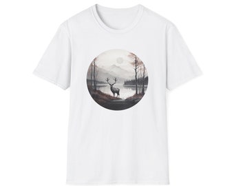 Unisex Softstyle herten- en bosontwerp bedrukt T-shirt, zacht gekleurd, uniek cadeau, esthetisch ontwerp