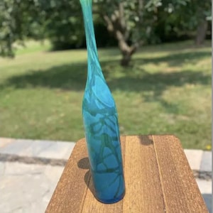 Maltese Mdina &#39;Ming&#39; glass Bottle Vase - Michael Harris - Hand-Blown Art - Vintage Tall Blue Glass Vase - Abstract Swirl Design